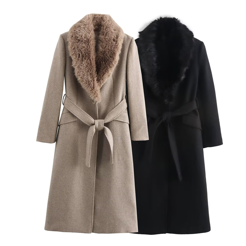 Wool Coat Peacoat - Damesriem Warme bontkraag Jas Flip Kraag