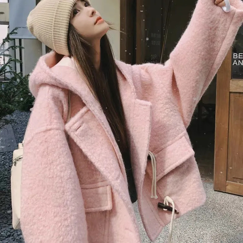 Wool Coat Peacoat - Roze Capuchon Crop Wollen Jassen Vrouwen